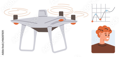 Flying quadcopter with spinning propellers, graph showing analytics trends, and a user interface with a portrait. Ideal for technology, innovation, data analysis, surveillance, connectivity, AI