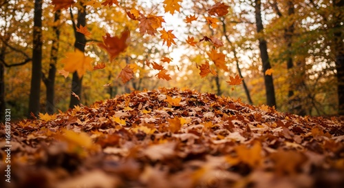 Golden Autumn Cascade - Falling Maple Leaves Creating a Vibrant Forest Floor Mound.
