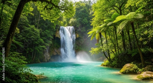 Stunning tropical waterfall cascades into vibrant turquoise pool surrounded by lush green rainforest foliage