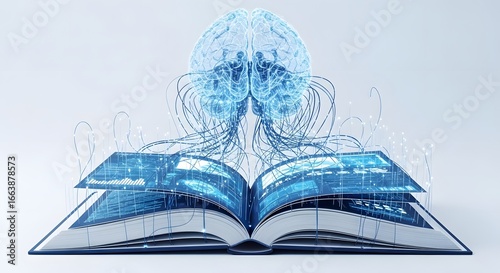Concept of information, knowledge, and education, digital brain on top of an open book. 