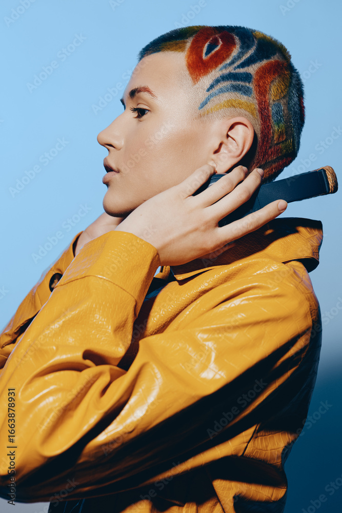 Fototapeta premium woman with colorful shaved hair in yellow jacket posing against blue background, artistic hairstyle, stylish fashion, creative portrait, modern urban style