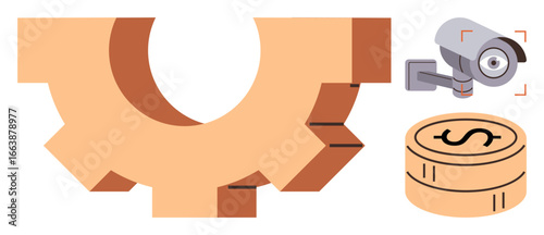 Gear centerpiece flanked by a security camera and coin stack, symbolizing teamwork, surveillance, financial security, automation, efficiency, innovation, and smart solutions. A simple flat metaphor