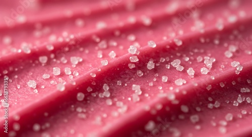 Tantalizing Macro View of Sparkling Sugar Crystals on a Wavy Pink Sour Candy Strip.