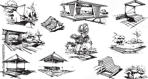Architectural Sketches: A compilation of architectural sketches depicting intricate structures, gardens and unique outdoor settings, rendered in a dynamic and expressive artistic style.