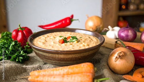 Creamy chickpea soup in a rustic bowl, garnished with fresh herbs and colorful vegetables.