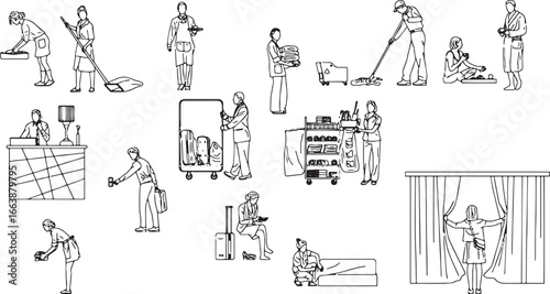 Cleaning and Maintenance Personnel: A collection of illustrations depicting individuals performing various cleaning and maintenance tasks, perfect for illustrating service-related themes and concepts.