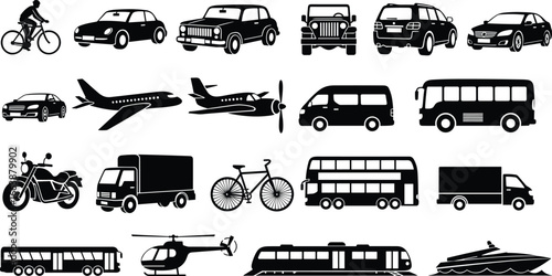 Cad drawing flat vector illustration, black silhouette transport icons, vehicle set, airplane, train, bus, bike, boat, helicopter