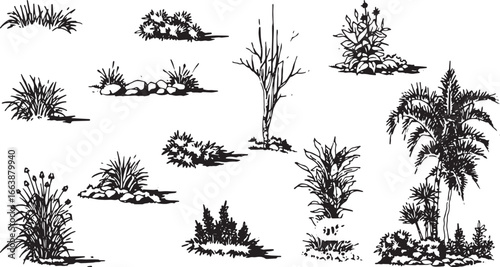 Garden Elements: A collection of meticulously crafted line art sketches, featuring diverse elements like shrubs, plants, and trees perfect for landscape design.