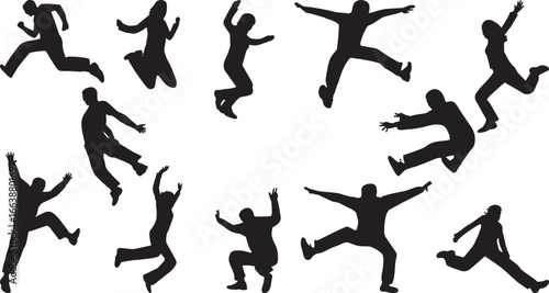 Dynamic Silhouettes: Capturing movement and energy, this image features a collection of animated figures, each frozen in a moment of mid-air action, offering a sense of energy and motion