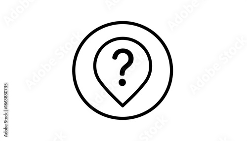A simple, black outline graphic of a location marker with a question mark inside a circle.