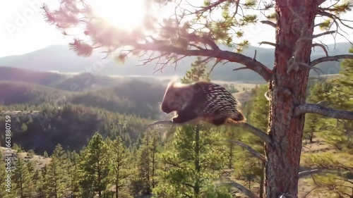 Porcupine perched on tree branch in mountain forest landscape at sunrise with sunlight, nature wildlife animal concept