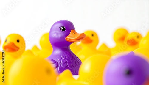 A single vibrant purple duckling stands out amidst a group of yellow ducklings, highlighting individuality and difference.