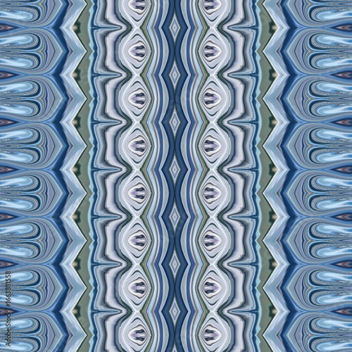 Abstract symmetrical blue and grey pattern with wave-like textures and diamond details. Ideal for modern wallpapers, fabrics, and digital art. Golden keywords: abstract, pattern, symmetry, wave, textu