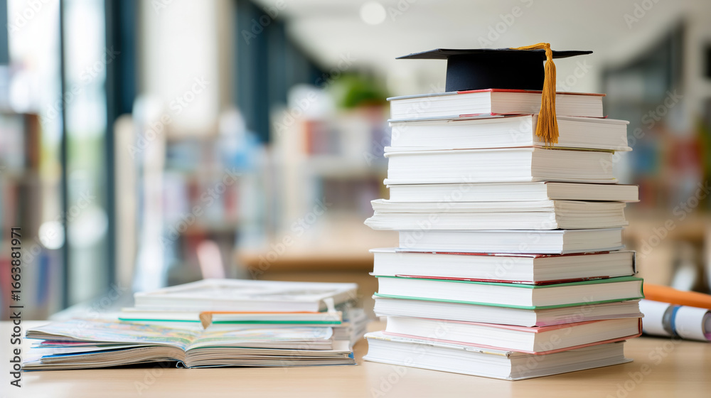 Graduation cap placed atop stacked books in a library setting during daytime Graduation cap placed atop stacked books in a library setting during daytime