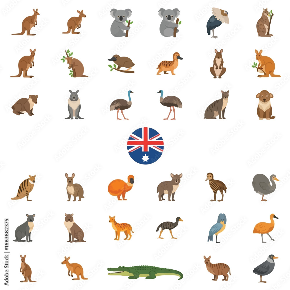 Obraz premium Collection of Australian animals including kangaroos, koalas, emus, platypuses, and other native wildlife, arranged around the Australian flag.