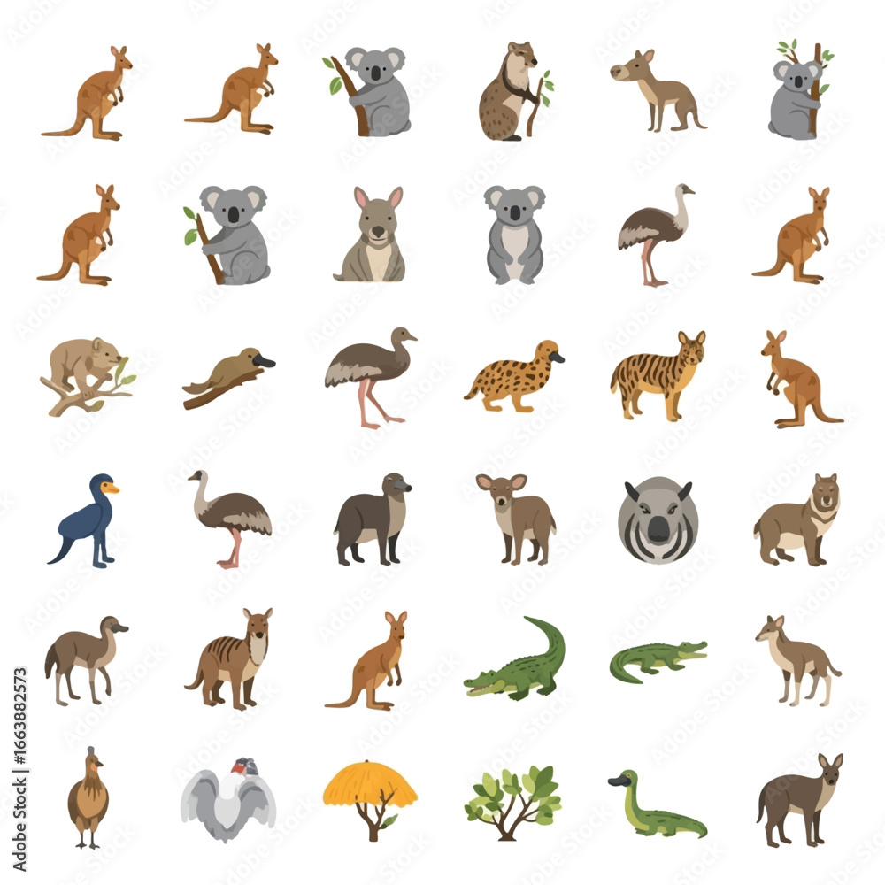 Fototapeta premium A collection of Australian animals, including kangaroos, koalas, emus, dingoes, wombats, and crocodiles, arranged in a grid.