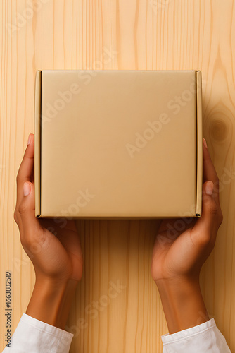 Mockup mãos segurando caixa de papelão de encomenda sobre mesa de madeira visto de cima