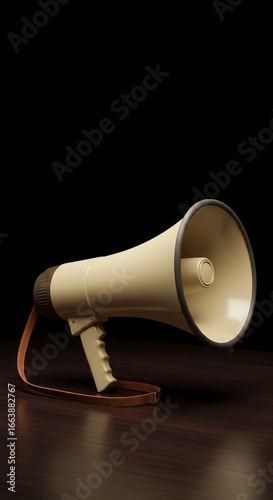 Voice in the Void - A Classic Megaphone Isolated by Dramatic Light on a Dark Surface.