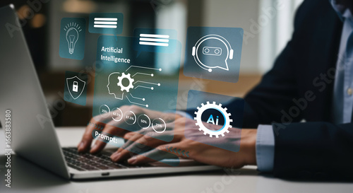 Businessman Using AI Technology for Data Analysis and Increased Work Efficiency, AI Chatbot and Tools to Boost Productivity Artificial Intelligence