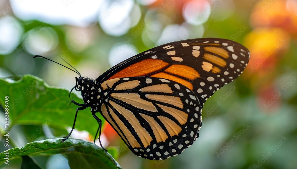 Fototapeta premium Monarch Butterfly Resting on Green Leaf with Soft Bokeh Background.