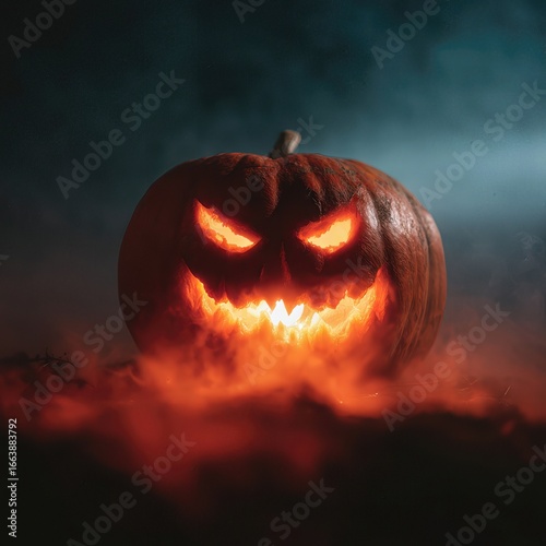 A spooky carved pumpkin with glowing eyes and a wicked grin, creating a chilling atmosphere for Halloween