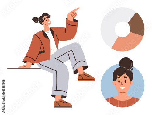 Woman in relaxed pose pointing upward, circular chart element, female profile avatar. Ideal for personal branding, analytics, teamwork, success, creativity communication motivation. A simple flat