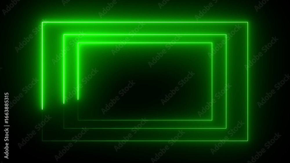 Fototapeta premium Vibrant Neon Green Rectangular Frames in a Concentric Pattern on Black image photo
