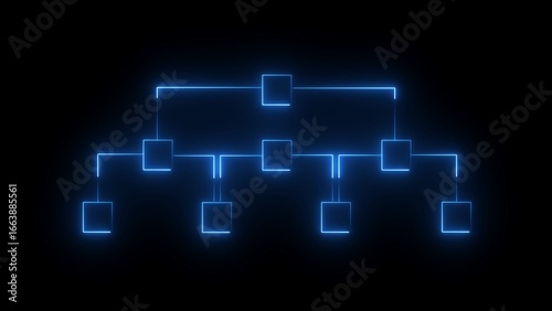 Neon blue glowing organizational chart diagram with interconnected squares on a black background organization chart