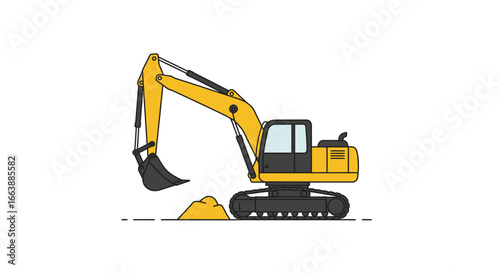 Vibrant yellow excavator actively digging a pile of earth, representing construction, heavy machinery, and industrial development