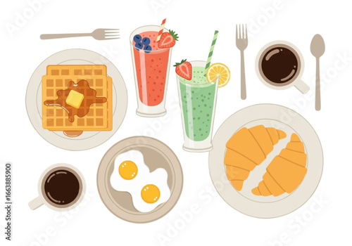 Top-down vector illustration of a breakfast spread with waffles, eggs, croissants, smoothies, and coffee.