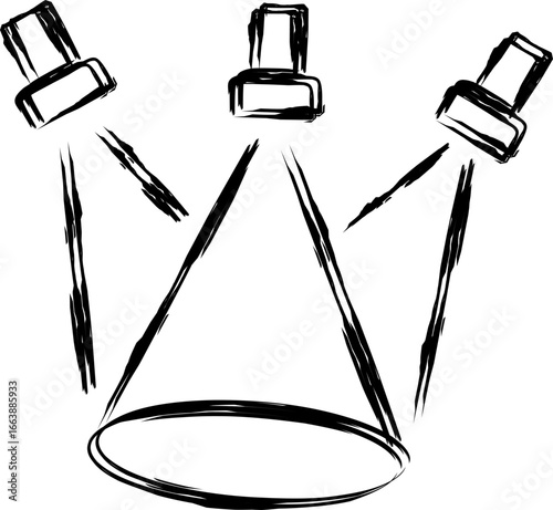 Hand-drawn sketch of stage spotlights shining down in black ink style, symbolizing performance, theater, concert, show lighting, and entertainment art.
