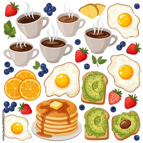 A vibrant and delicious breakfast spread featuring coffee, pancakes, avocado toast, and fresh fruit