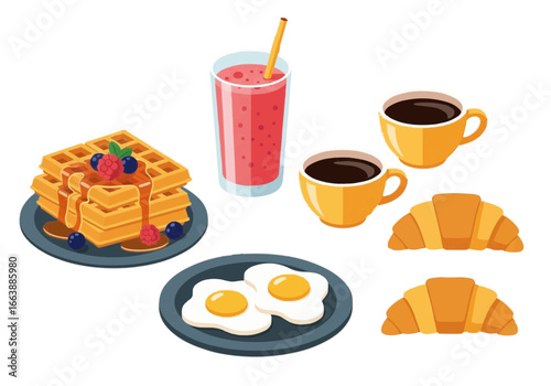A delightful and nutritious breakfast assortment concept featuring waffles, coffee, fried eggs, and a fresh berry smoothie