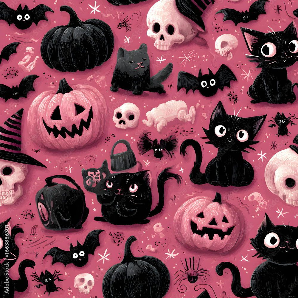 Cute pink spooky Halloween themed vector seamless pattern design with carved pumpkin, bats, black cat, witchy hat, skull illustration in cartoon retro groovy funky style for wrapping paper, background Cute pink spooky Halloween themed vector seamless pattern design with carved pumpkin, bats, black cat, witchy hat, skull illustration in cartoon retro groovy funky style for wrapping paper, background