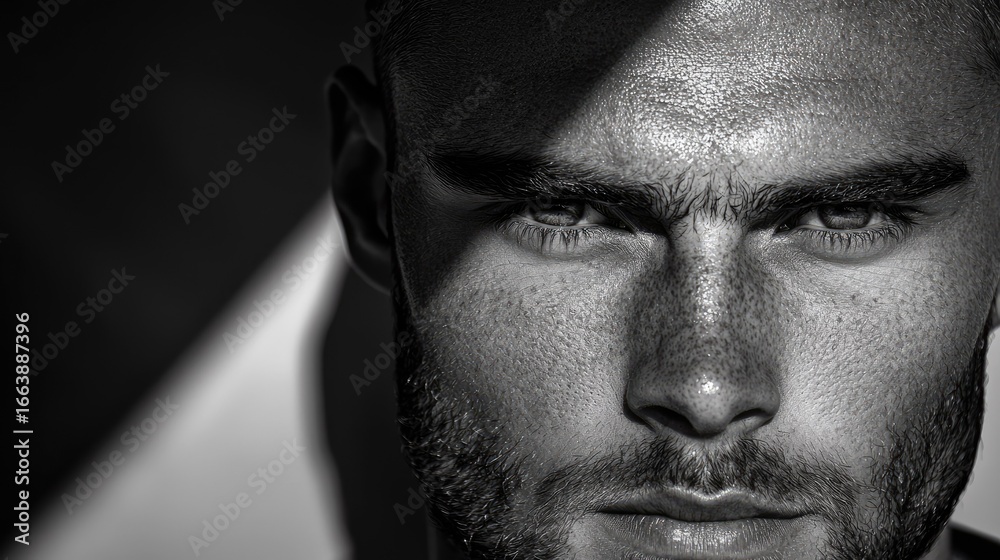 Fototapeta premium A close-up grayscale portrait of a man with a determined expression.