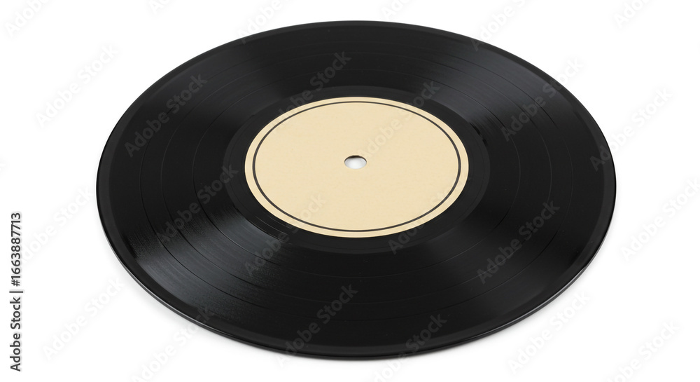 Obraz premium A vinyl record with a tan label in the center on a white background in a studio shot for music lovers