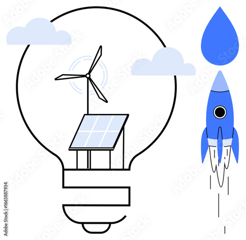 Wind turbine and solar panel inside a light bulb outline, blue rocket taking off, clouds. Ideal for sustainability, green energy, innovation, growth, eco-tech, renewable ideas simple flat metaphor