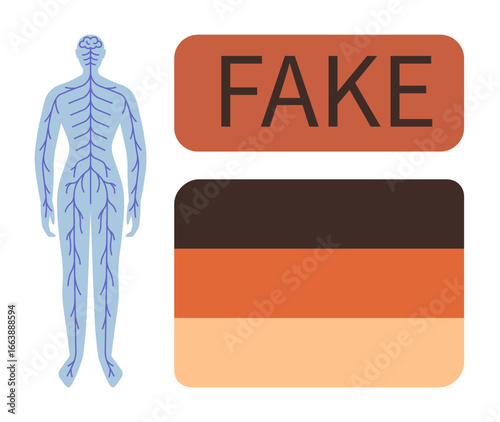 Human nervous system outline paired with bold FAKE label and layered color blocks. Ideal for science, authenticity, misinformation, anatomy, education, health, simple flat metaphor