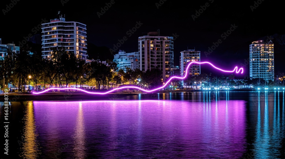 Fototapeta premium A vibrant purple light installation reflecting on the water at night in a coastal city.