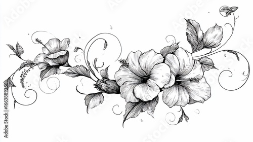 Hibiscus floral design with curls in a detailed grayscale drawing style