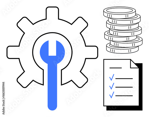 Gear with wrench symbolizing repair, checklist for task progress, and stack of coins for financial planning. Ideal for maintenance, productivity, strategy, budgeting, development, efficiency simple