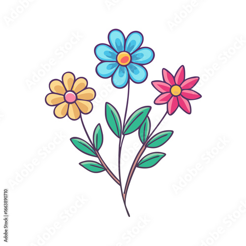 Three colorful flowers arranged in a simple and charming botanical bouquet
