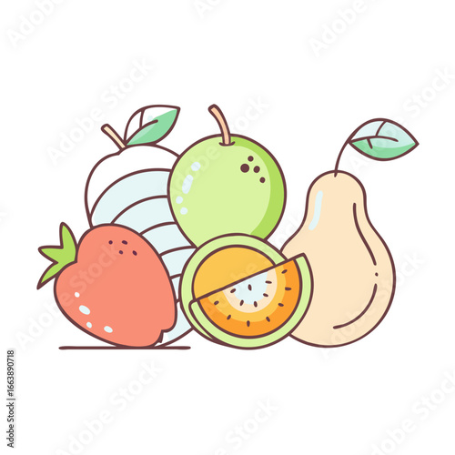 Stylized assortment of colorful fruits, including guava, pear and melon