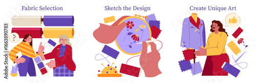 Fashion Design Process Vector with Fabric Selection