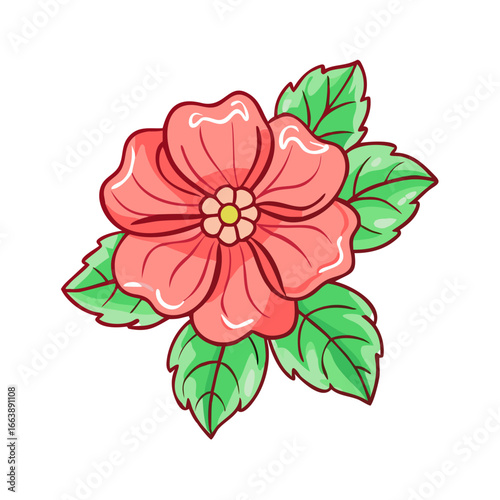 Charming Illustration of a Pink Flower with Green Leaves on White Background
