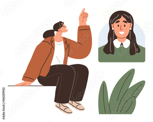 Person sitting casually on an edge while pointing upward, surrounded by a portrait frame and green leaves. Ideal for creativity, teamwork, leadership, self-expression, growth, connection