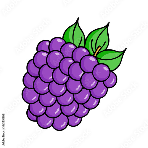 Vibrant Cartoon Grape Cluster with Glossy Purple Berries and Green Leaves