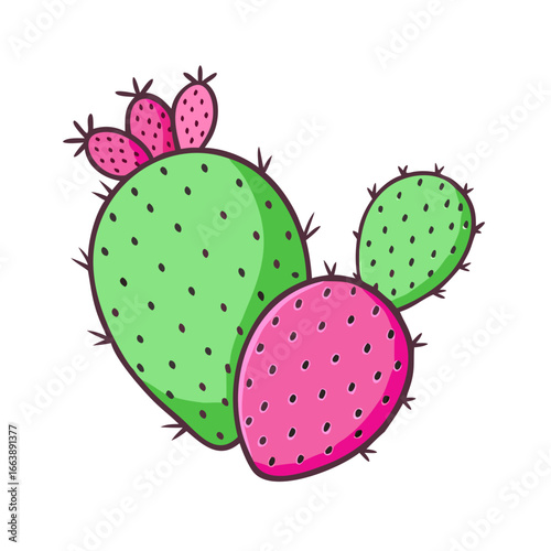 Whimsical Prickly Pear Cactus with Pink Fruit and Green Pads Illustration