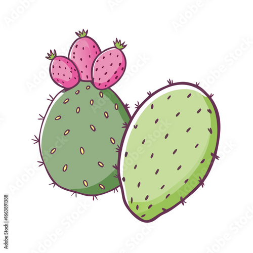 Cartoon illustration of prickly pear cactus with fruit, vibrant and playful