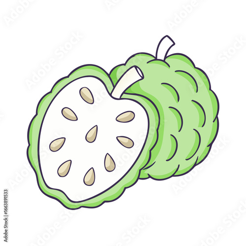 Cute illustration of a soursop fruit, both whole and cut in half